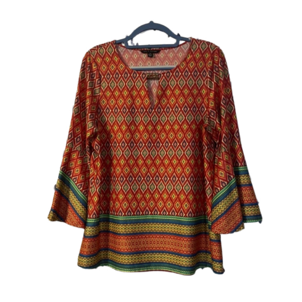 Zac‎ and Rachael long sleeve  Red and gold bell sleeve top L.           D1